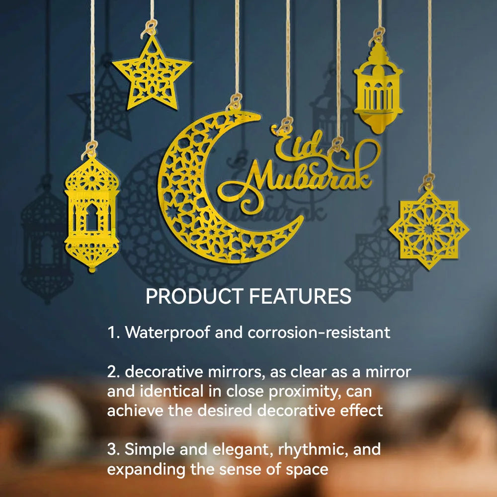1Set Eid Mubarak Decoration Hanging Pendant Acrylic Mirror Ramadan Kareem Pendant Ornament Home Background Muslim Party Supplies