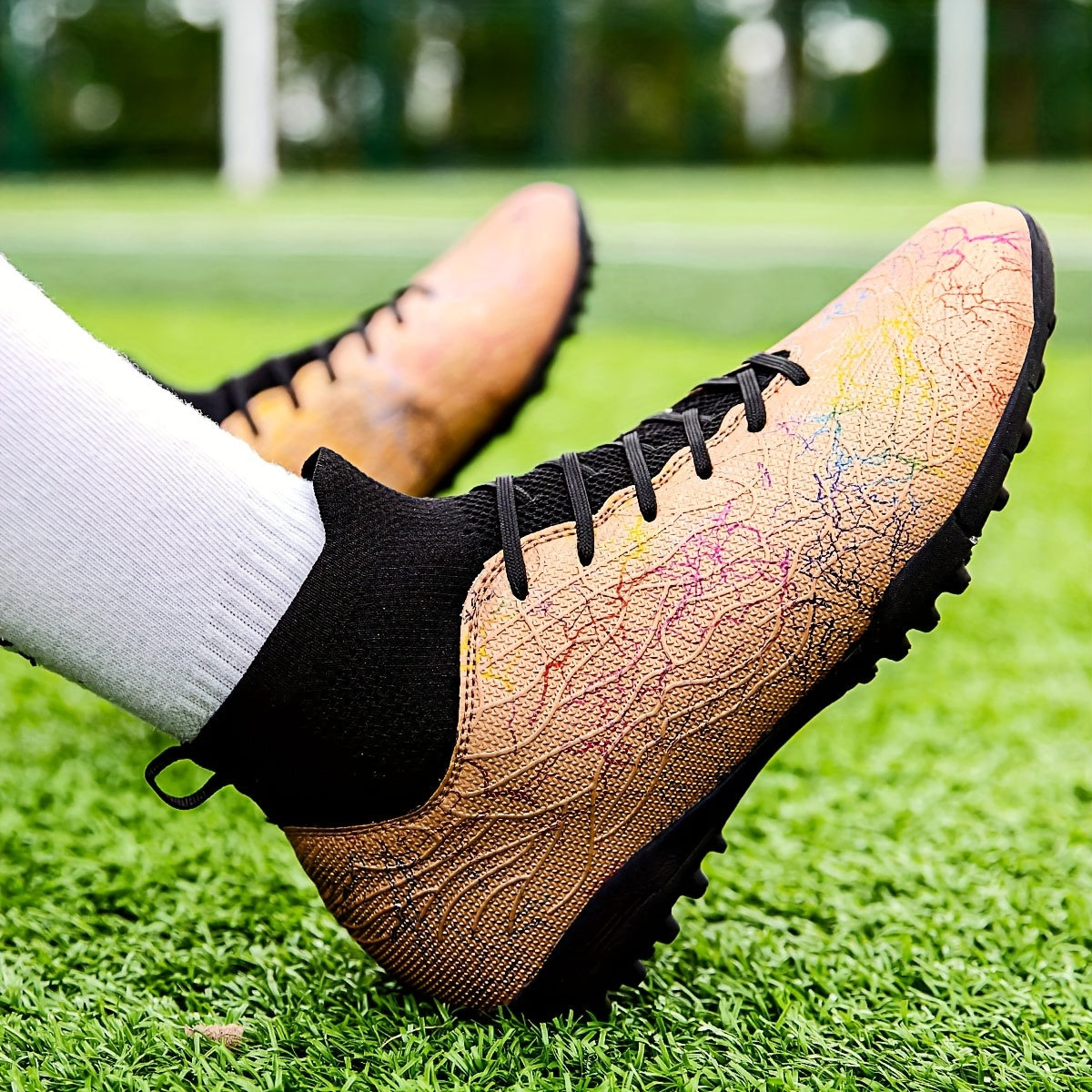 Men's Trendy Color Intrigue Striped TF Football Shoes With Collar, Professional Non Slip Durable Soccer Shoes For Outdoor Training Competition, All Seasons