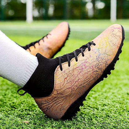 Men's Trendy Color Intrigue Striped TF Football Shoes With Collar, Professional Non Slip Durable Soccer Shoes For Outdoor Training Competition, All Seasons