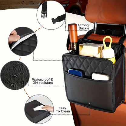 1pc Faux Leather Car Seat Back Storage Bag - Spacious, Durable, Easy to Clean Hanging Organizer for Water Bottles, Snacks, and Phone - Perfect for All Car Models, Car Organization | Quilted Texture | Durable Material, Car Sto