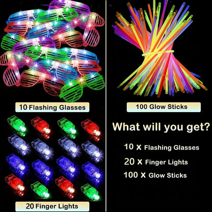 130pcs Glow In The Dark Party Supplies, LED Light Up Toys Neon Party Supplies With 10 Pair Flashing Glasses, 100pcs Glow Sticks, 20pcs Finger Lights Christmas, Halloween, Thanksgiving Day Easter gift