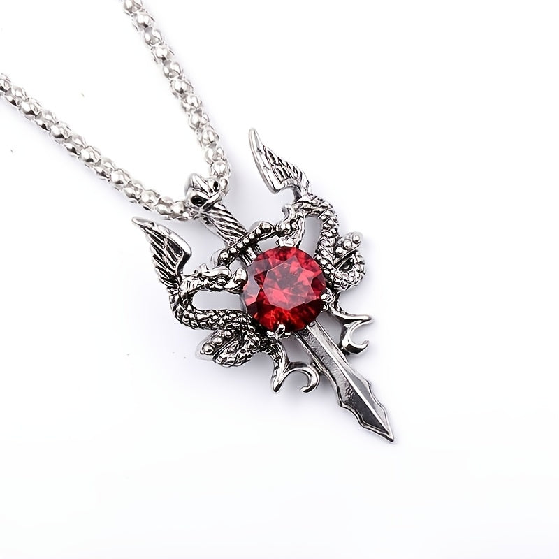 Gothic Knight Double Dragon Cross Sword Pendant Necklace - Vintage Punk Rock Style, Alloy with Black & Red Synthetic Gemstonestone Accents, Ideal for Couples, Parties & Gifts, Festive Jewelry|Punk Rock Jewelry|Intricate Craft
