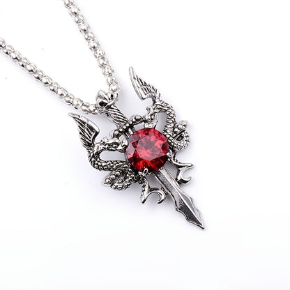 Gothic Knight Double Dragon Cross Sword Pendant Necklace - Vintage Punk Rock Style, Alloy with Black & Red Synthetic Gemstonestone Accents, Ideal for Couples, Parties & Gifts, Festive Jewelry|Punk Rock Jewelry|Intricate Craft