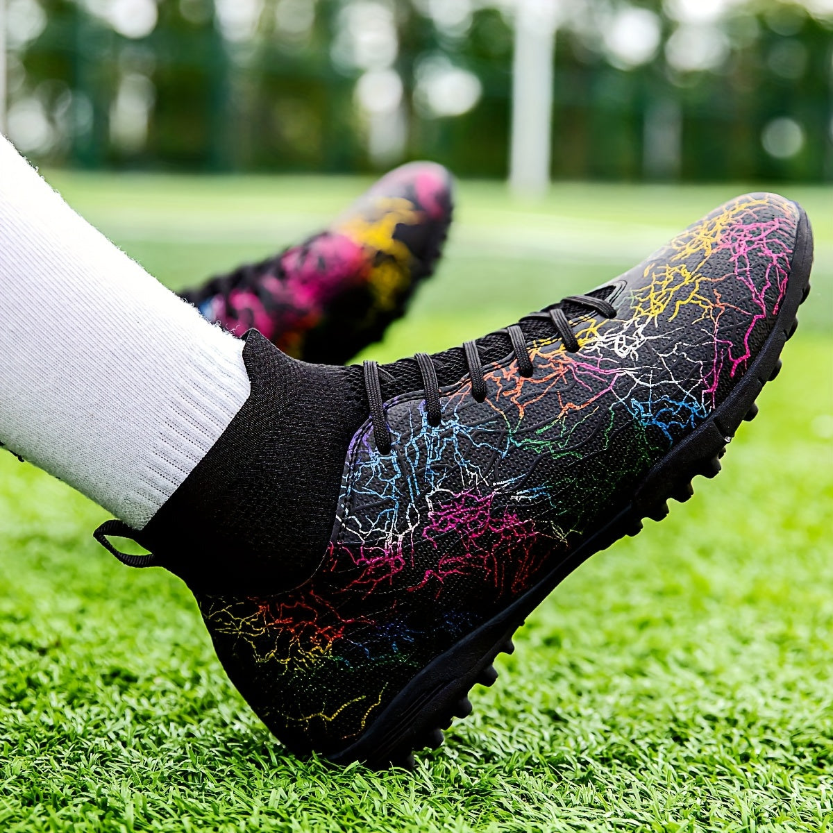 Men's Trendy Color Intrigue Striped TF Football Shoes With Collar, Professional Non Slip Durable Soccer Shoes For Outdoor Training Competition, All Seasons