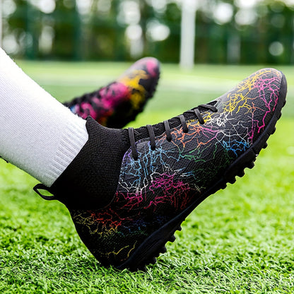 Men's Trendy Color Intrigue Striped TF Football Shoes With Collar, Professional Non Slip Durable Soccer Shoes For Outdoor Training Competition, All Seasons