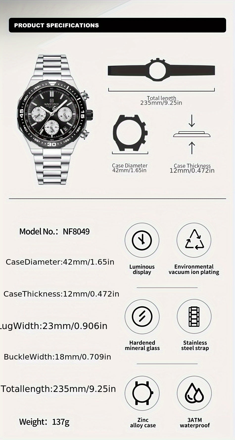 NAVIFORCE Men'S Luxury Business Watch, Multi-function Chronograph Waterproof Men Watches, 24/12 Hour date Display Man Wristwatch, Men Gift