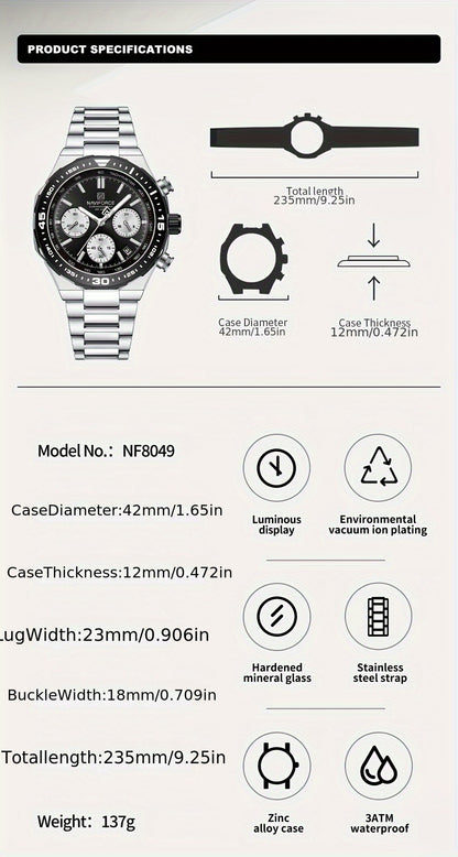 NAVIFORCE Men'S Luxury Business Watch, Multi-function Chronograph Waterproof Men Watches, 24/12 Hour date Display Man Wristwatch, Men Gift