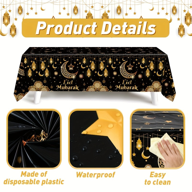 1pc,Moon Star Lantern Eid Mubarak Tablecloth,130*220cm PE Tablecover,Black Gold Table Cloth,Ramadan Decoration for Home,Eid Al-Fitr Gifts,Islamic Muslim Party Supplies,Ramadan Kareem Eid Al Adha Table Decoration