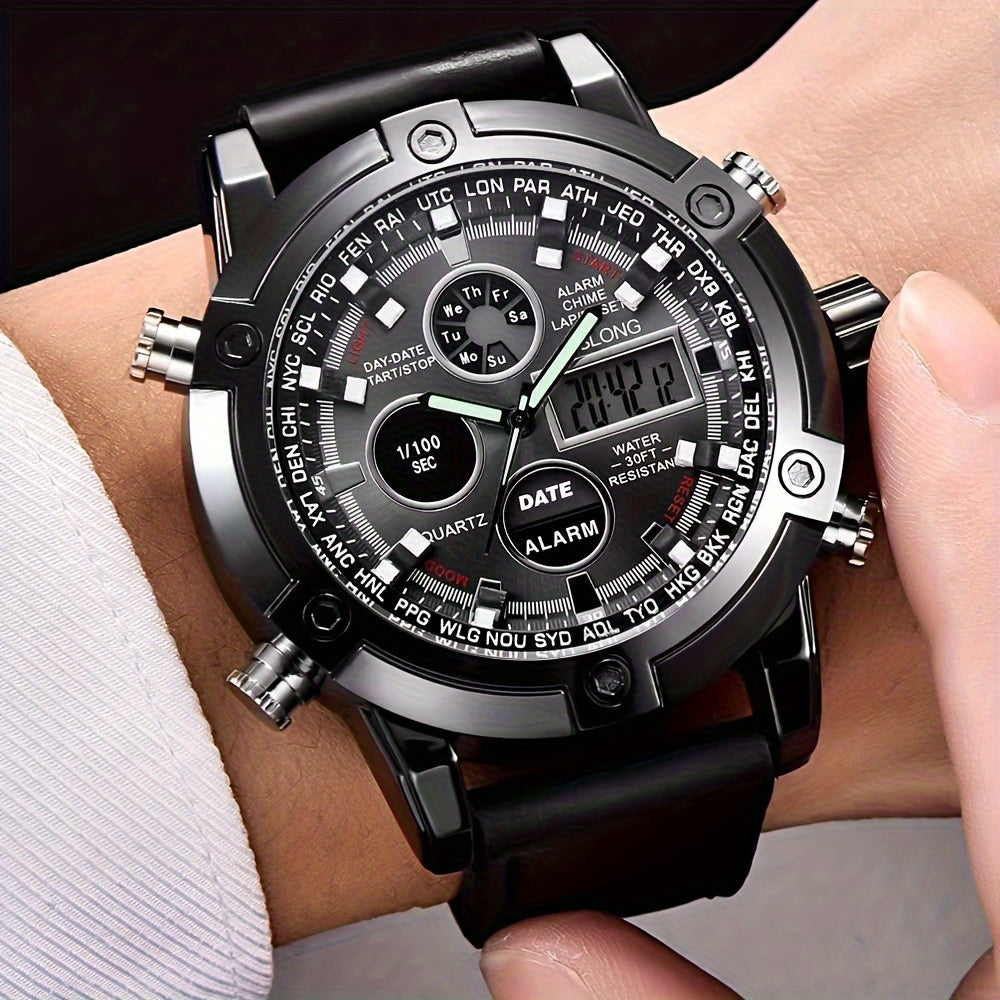 Dual-display Fashion Watch Leather Belt Men's Watch Multi-function Sports Electronic Watch Ideal Choice For Gifts
