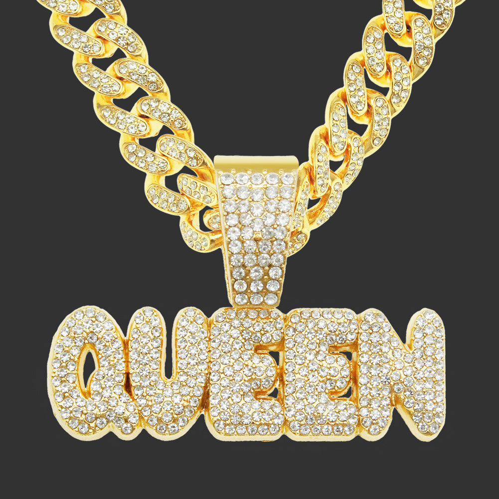 Full Diamond Alphabet Queen Pendant Necklace