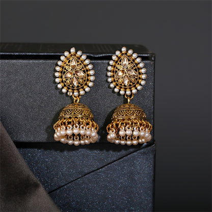 Stunning Bollywood-Inspired Drop Earrings - Women Jewelry - Retro Flower and Lantern Design, Golden or Silvery Finish, Daily Outfit and Party Accessories with Unique Style