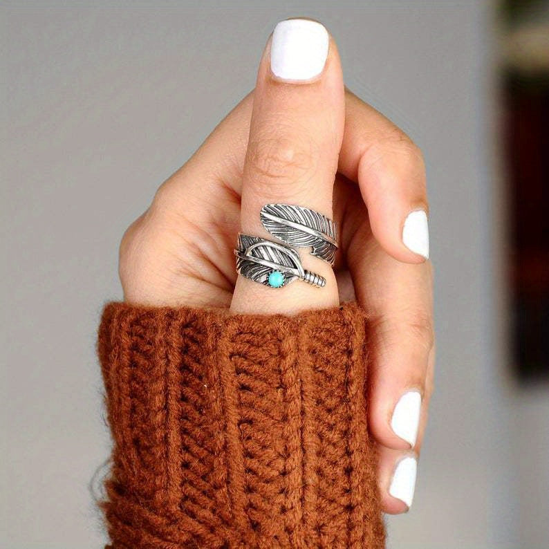 Vintage Feather Turquoise Open Ring Jewelry For Women