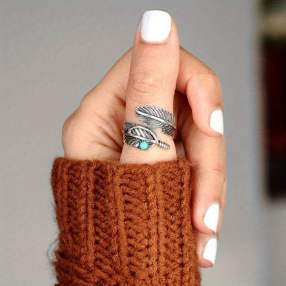 Vintage Feather Turquoise Open Ring Jewelry For Women