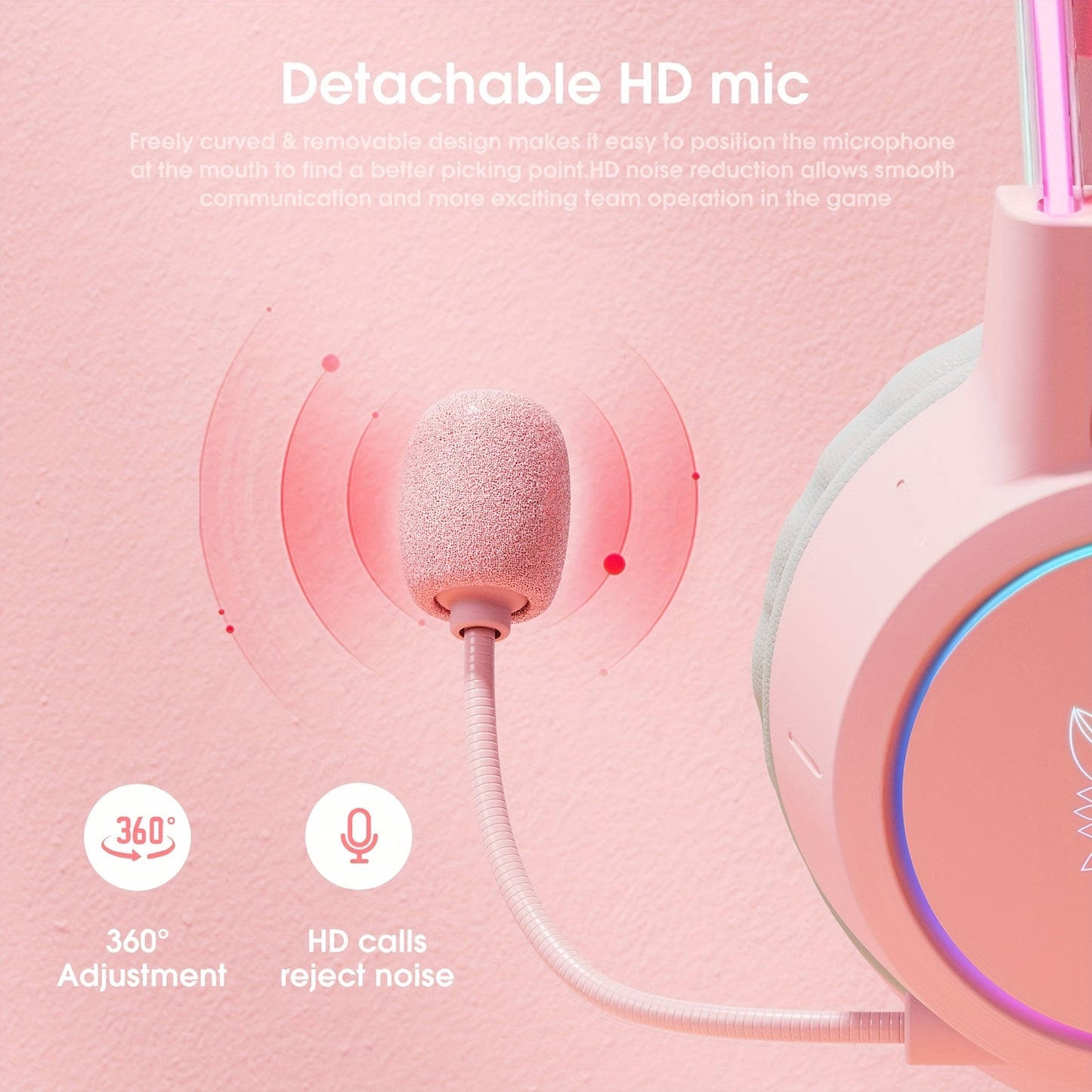 Gaming Headset RGB Lighting Head Beam Wired Headset Detachable Cat Ears Gaming Headset Flexible Mic Button Control Suitable Computer Earphones for PC Gamer