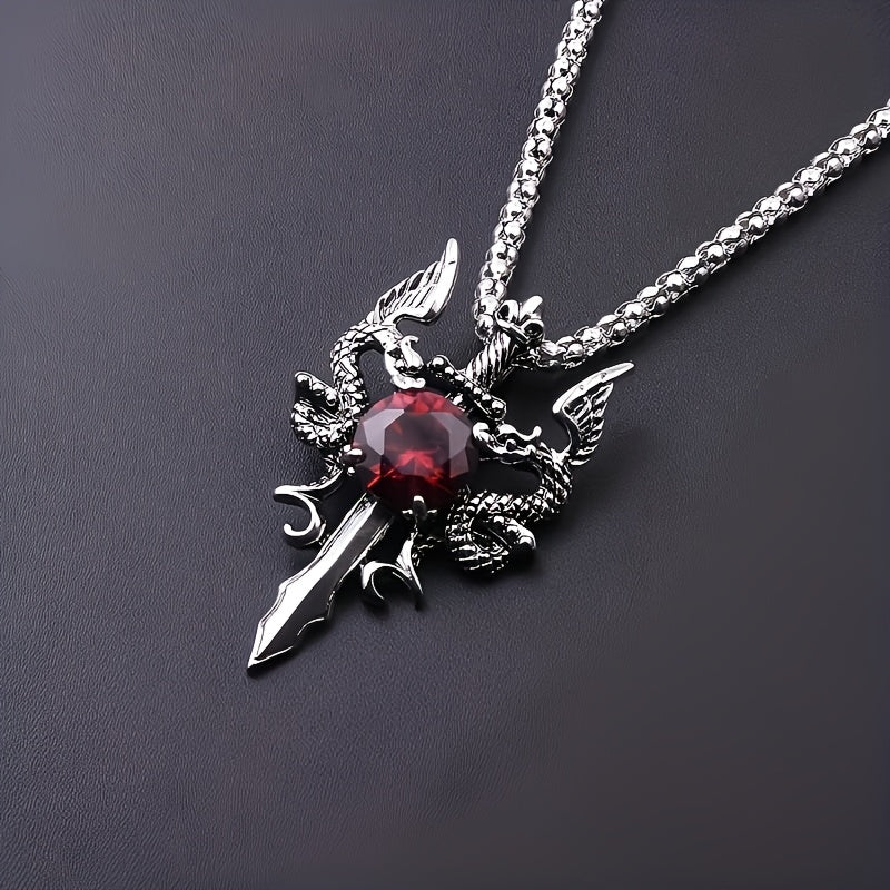 Gothic Knight Double Dragon Cross Sword Pendant Necklace - Vintage Punk Rock Style, Alloy with Black & Red Synthetic Gemstonestone Accents, Ideal for Couples, Parties & Gifts, Festive Jewelry|Punk Rock Jewelry|Intricate Craft
