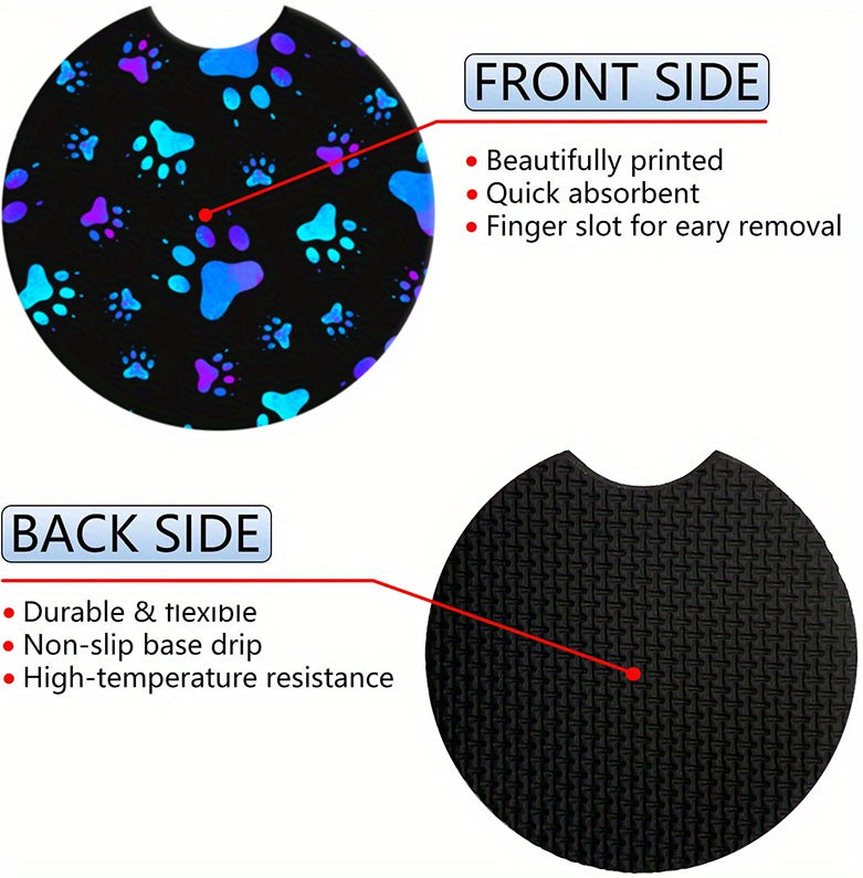 2-Pack Blue Dog Paw Car Cup Holder Coasters - Absorbent Rubber Decal Decor Accessories For Women & Men