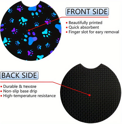 2-Pack Blue Dog Paw Car Cup Holder Coasters - Absorbent Rubber Decal Decor Accessories For Women & Men