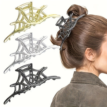 New 2024 Halloween Spider Web Hair Claw Clips For Women Jewelry Accessories Black Silvery Golden Large Metal Barrette Party Headwear
