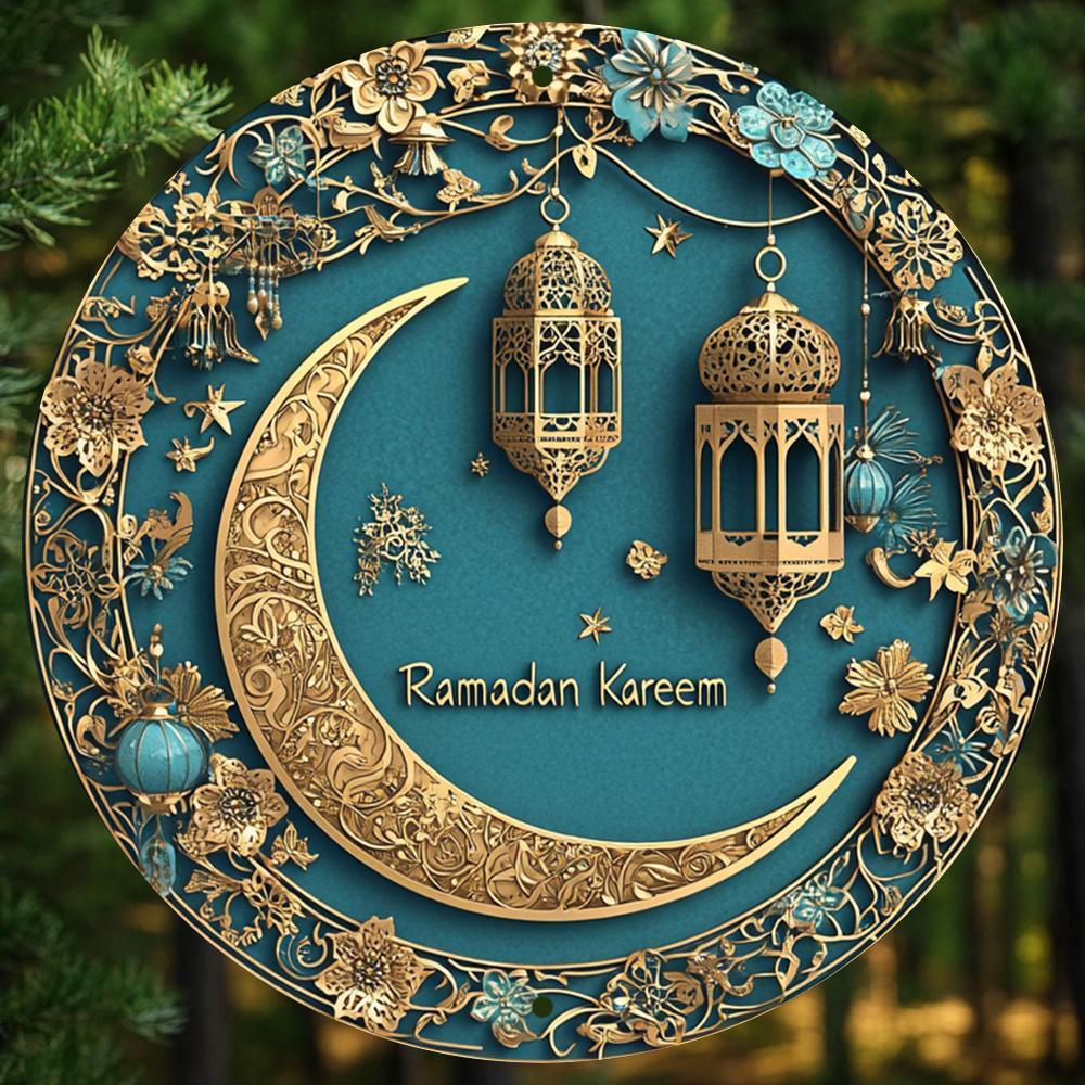 1pc Ramadan Kareem Aluminum Wall Art - 20.32x20.32 cm 2D Flat Printed Moon and Lantern Decor, No Power Needed, Ideal for Home, Office, and Party Decoration, Versatile for Christmas, Thanksgiving, St. Patrick's, Valentine'S Da