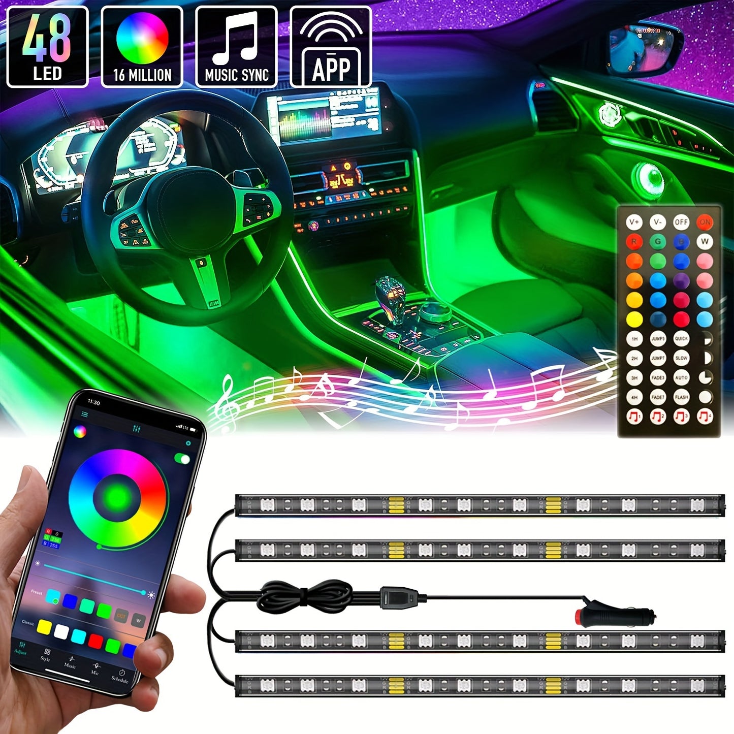 RGB Interior Car Lights, Car LED Ambient Lights, smart Car Interior Lights With 44-Key Remote Control And App Control, water-resistant, with DIY Mode And Music Mode, Can Switch Colors With The Rhythm Of Music, Suitable For Ca