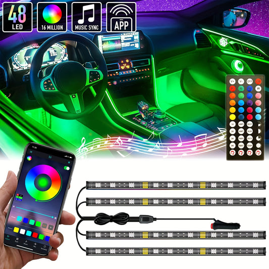 RGB Interior Car Lights, Car LED Ambient Lights, smart Car Interior Lights With 44-Key Remote Control And App Control, water-resistant, with DIY Mode And Music Mode, Can Switch Colors With The Rhythm Of Music, Suitable For Ca