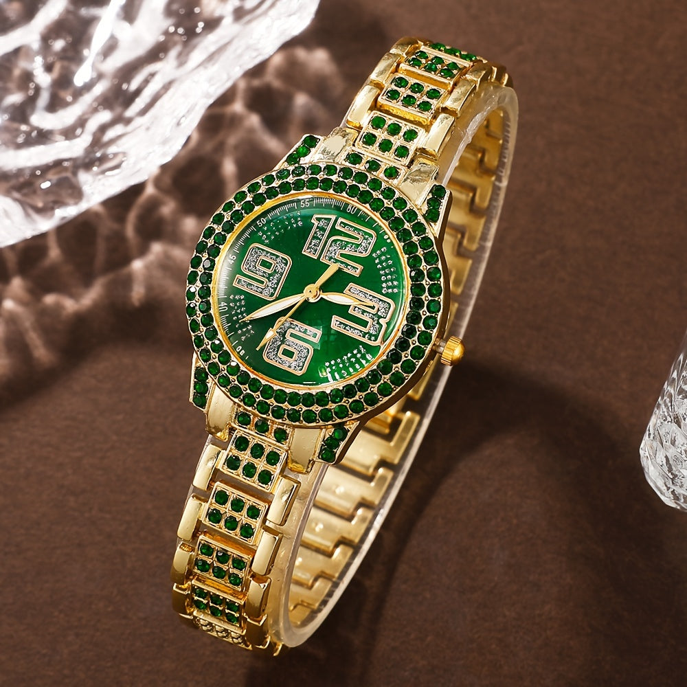 "Dazzling Digital" Luxury 6-Piece Women'S Fashion Set: Green Rhinestone Quartz Watch With Gold Band & Matching Jewelry - Perfect Gift For Her