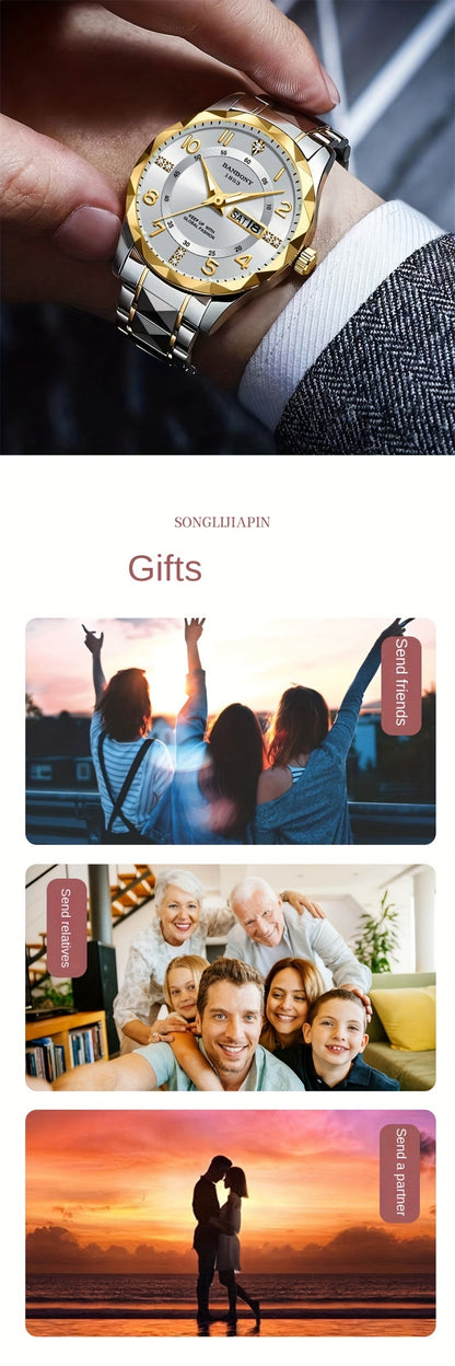 Banbony Men's Casual Stainless Steel Quartz Watch with Rhinestone Accents, Round Dial, Glow in Dark, Water-Resistant IPX7, Date Calendar Feature, Electronic Movement, Alloy Strap - Multifunctional Fashion Watch for Daily, Tra