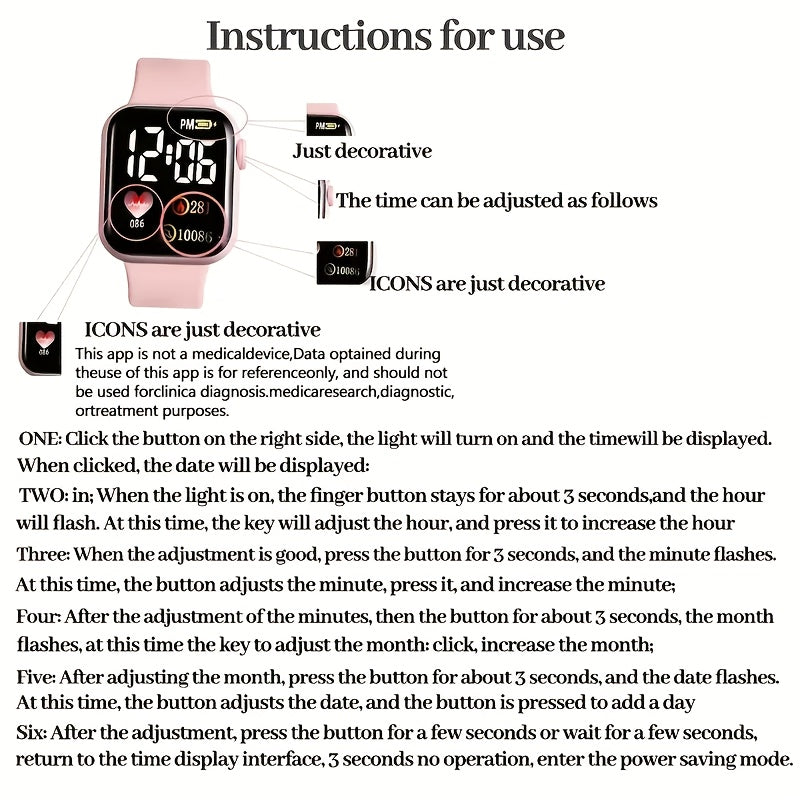 6pcs Women's Elegant & Cute Pink Smartwatch & Jewelry Set with Heart-Shaped Face, Interchangeable Strap, Necklace, Bracelet, Ring & Earrings - Digital Display Electronic Watch with Strap, Pink & Clear Bezel, Perfect for Daily