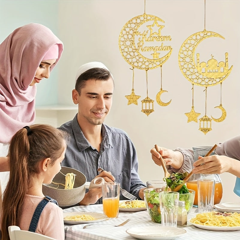 1pc Ramadan Kareem Door Hanger, Wooden Islamic Moon and Stars Wall Decor, Eid Mubarak Hanging Sign, Housewarming Ramadan Party Ornament, No Electricity Required, Muslim Home Decoration