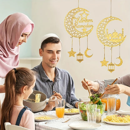 1pc Ramadan Kareem Door Hanger, Wooden Islamic Moon and Stars Wall Decor, Eid Mubarak Hanging Sign, Housewarming Ramadan Party Ornament, No Electricity Required, Muslim Home Decoration