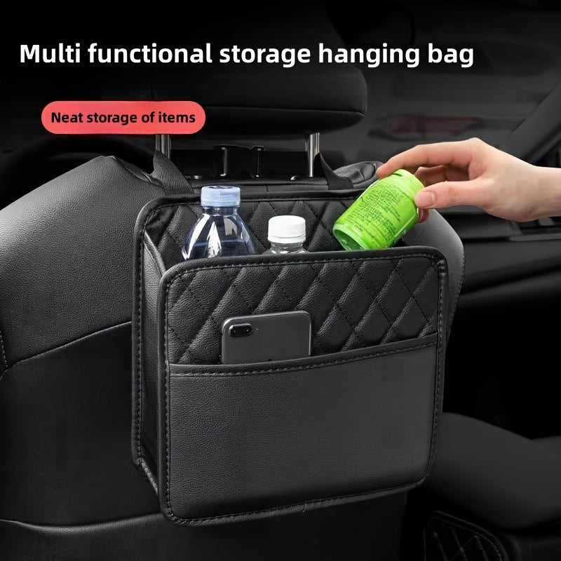 1pc Faux Leather Car Seat Back Storage Bag - Spacious, Durable, Easy to Clean Hanging Organizer for Water Bottles, Snacks, and Phone - Perfect for All Car Models, Car Organization | Quilted Texture | Durable Material, Car Sto
