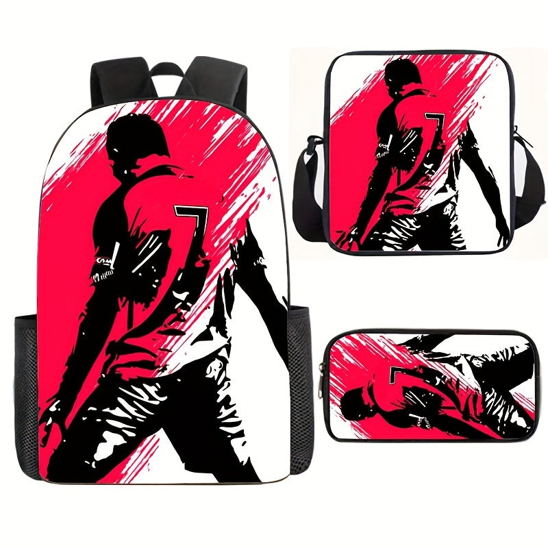 3pcs Backpack Set, Football Player Print, Suitable For Teenagers, Boys And Girls, Durable Lightweight, Suitable For Students