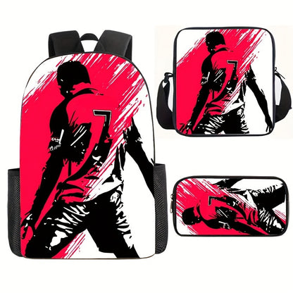 3pcs Backpack Set, Football Player Print, Suitable For Teenagers, Boys And Girls, Durable Lightweight, Suitable For Students