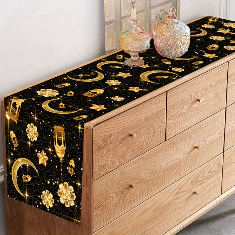 1pc Eid Mubarak Table Runner | Moon Star Sun Design Black Golden Table Runner, Ramadan Kareem Table Decor, Polyester Rectangle, Ramadan Decorations For Home, Muslim Party Decoration Eid Al Adha Gifts