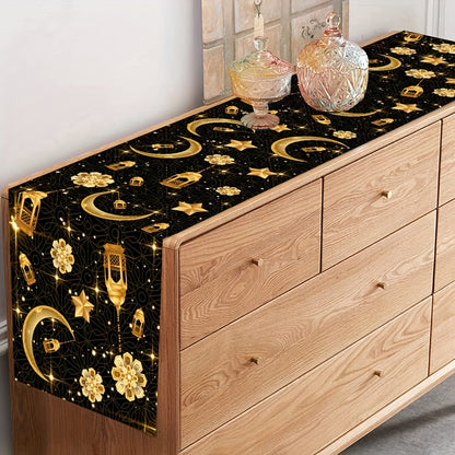 1pc Eid Mubarak Table Runner | Moon Star Sun Design Black Golden Table Runner, Ramadan Kareem Table Decor, Polyester Rectangle, Ramadan Decorations For Home, Muslim Party Decoration Eid Al Adha Gifts