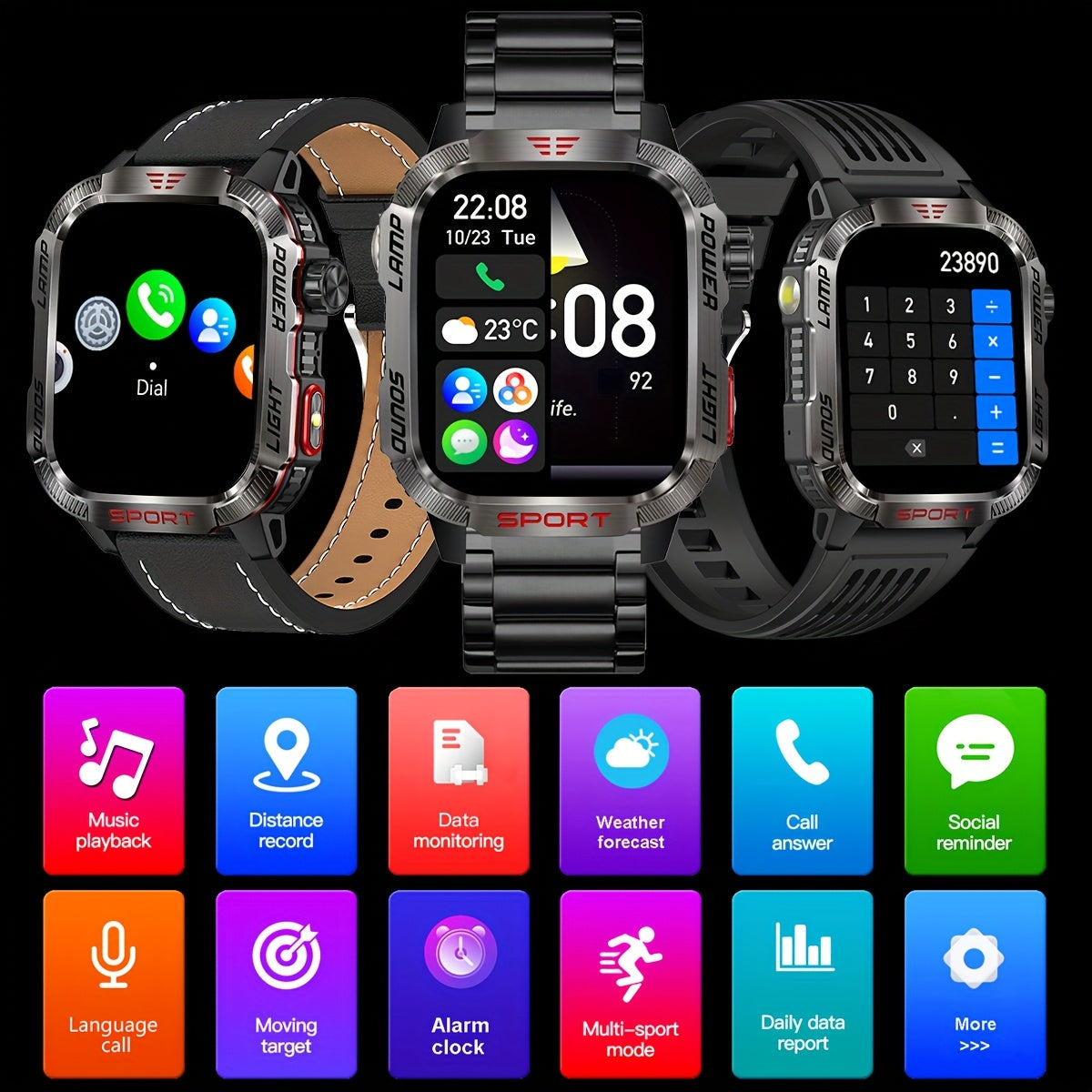 [600 Battery Smartwatch] Waterproof Rugged Outdoor Smartwatch | Receive/Make Call, For iPhone & Android, With LED Flashlight, Fitness, 600 Battery