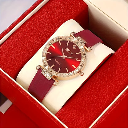Fashionable 5-Piece Ladies Quartz Wrist Watch Set with Heart Jewelry - Round Red Dial PU Leather Band Zinc Alloy Case Non- Analog Watches with Matching Necklace, Ring, and Earrings