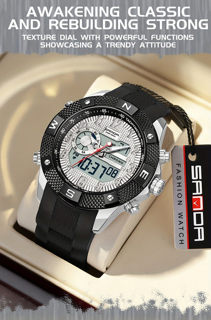 SANDA Men's Sports Watch, Analog Digital LED Electronic Quartz Men's Watch, Waterproof Alarm Stopwatch Countdown Week Multi-function Wristwatch Men's Birthday Holiday Gift 3308