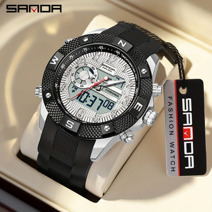 SANDA Men's Sports Watch, Analog Digital LED Electronic Quartz Men's Watch, Waterproof Alarm Stopwatch Countdown Week Multi-function Wristwatch Men's Birthday Holiday Gift 3308