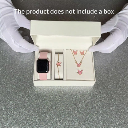 6pcs Women's Elegant & Cute Pink Smartwatch & Jewelry Set with Heart-Shaped Face, Interchangeable Strap, Necklace, Bracelet, Ring & Earrings - Digital Display Electronic Watch with Strap, Pink & Clear Bezel, Perfect for Daily