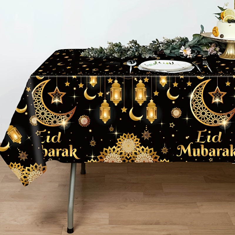 1pc,Moon Star Lantern Eid Mubarak Tablecloth,130*220cm PE Tablecover,Black Gold Table Cloth,Ramadan Decoration for Home,Eid Al-Fitr Gifts,Islamic Muslim Party Supplies,Ramadan Kareem Eid Al Adha Table Decoration