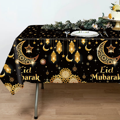 1pc,Moon Star Lantern Eid Mubarak Tablecloth,130*220cm PE Tablecover,Black Gold Table Cloth,Ramadan Decoration for Home,Eid Al-Fitr Gifts,Islamic Muslim Party Supplies,Ramadan Kareem Eid Al Adha Table Decoration