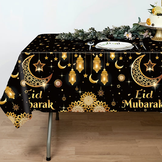 1pc,Moon Star Lantern Eid Mubarak Tablecloth,130*220cm PE Tablecover,Black Gold Table Cloth,Ramadan Decoration for Home,Eid Al-Fitr Gifts,Islamic Muslim Party Supplies,Ramadan Kareem Eid Al Adha Table Decoration