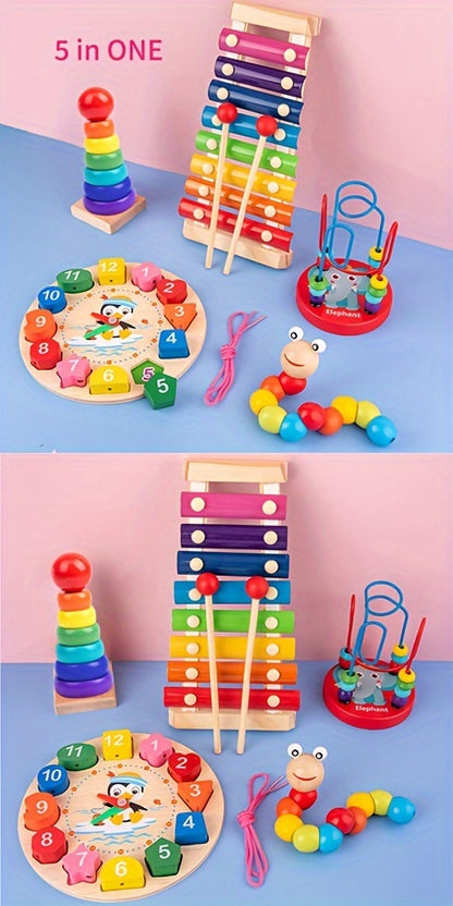 5-in-1 Montessori Nursery Wooden Eight Piano Set Gifts, Enlightenment Clock Toys, Caterpillar Shaped, Multifunctional Teaching Toys, Building Blocks Focus Exercise Toys