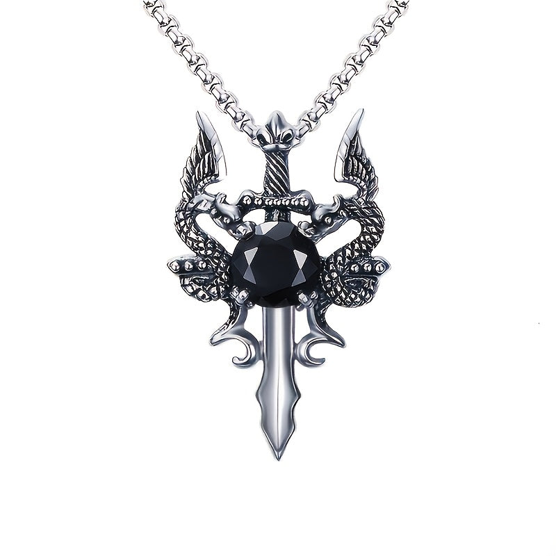 Gothic Knight Double Dragon Cross Sword Pendant Necklace - Vintage Punk Rock Style, Alloy with Black & Red Synthetic Gemstonestone Accents, Ideal for Couples, Parties & Gifts, Festive Jewelry|Punk Rock Jewelry|Intricate Craft