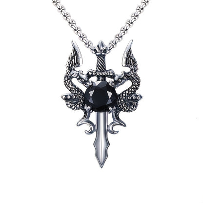 Gothic Knight Double Dragon Cross Sword Pendant Necklace - Vintage Punk Rock Style, Alloy with Black & Red Synthetic Gemstonestone Accents, Ideal for Couples, Parties & Gifts, Festive Jewelry|Punk Rock Jewelry|Intricate Craft