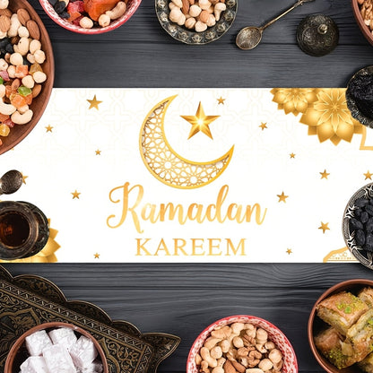 1pc Patimate Ramadan Kareem & Eid Mubarak Table Runner - White & Golden Islamic Crescent Moon and Star Decorations, Muslim Home Table Decor Suitable for Ramadan & Eid Al-Fitr Celebrations, Elegant Islamic Table Cover