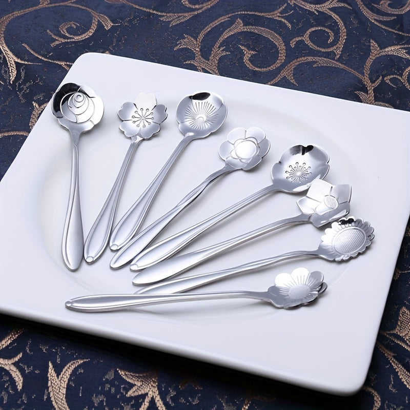 8pcs Flower Spoon Set Small Teaspoon Coffee Spoon Cute Ice Cream Dessert Honey Spoon Stainless Steel Kitchen Props