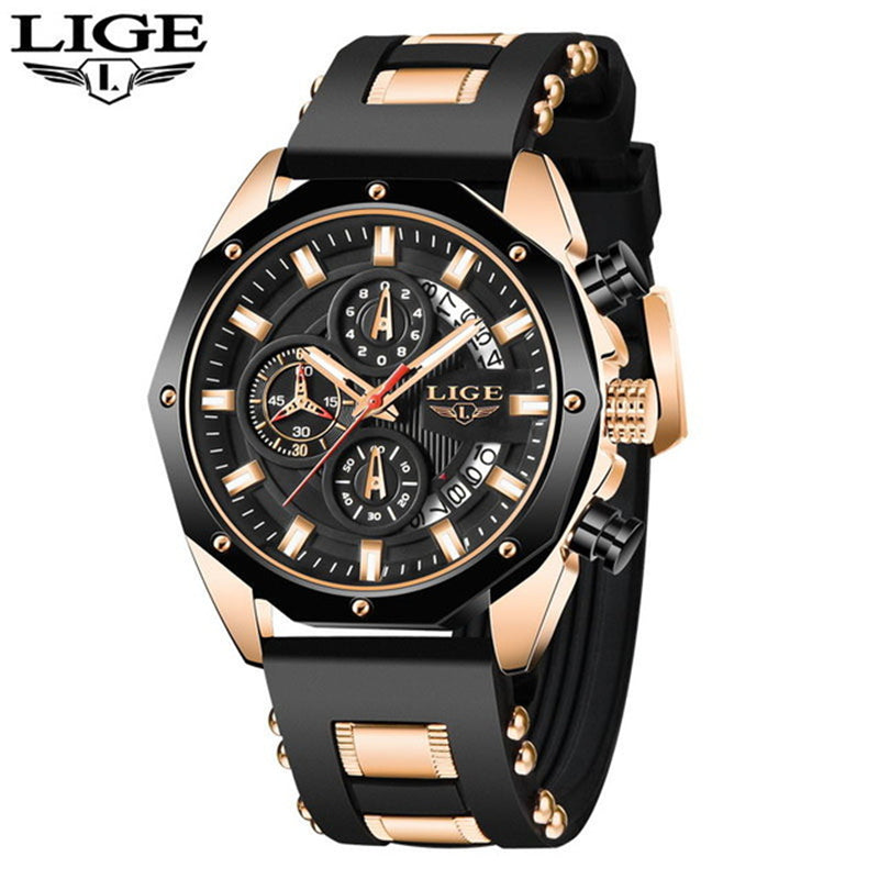 LIGE Mens Watches With Silicone Strap Sport Chronograph Quartz Watch