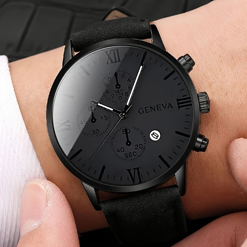 4pcs Men's Fashion Watch Set, Quartz Movement, Round Zinc Alloy Case, Faux Leather and Stainless Steel Strap, Battery Powered with Multiple Time Zones & Date Function - Perfect for Valentine's Day, Easter, Ramadan, Birthday,